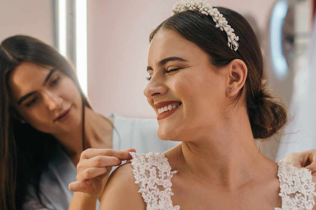 Bride smiling with headband