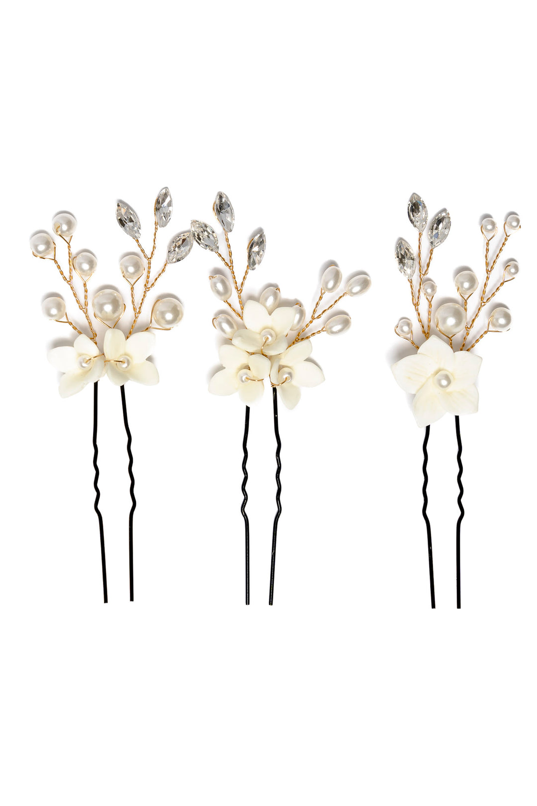 Trinity Hair Pin Set Ceramic Flowers hairpin pearls rhinestones