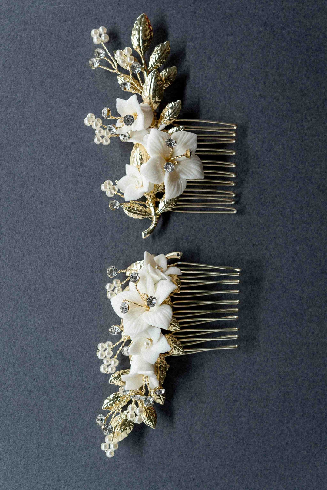 Blossom Hair Comb Set Ceramic flowers gems gold Hair comb leaves pearls