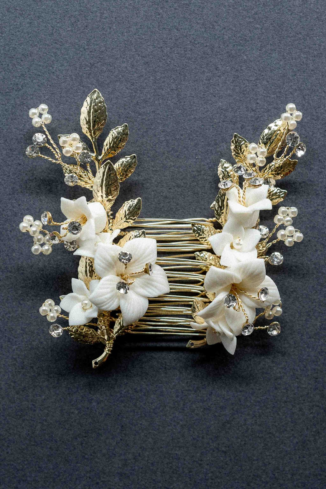 Blossom Hair Comb Set Ceramic flowers gems gold Hair comb leaves pearls