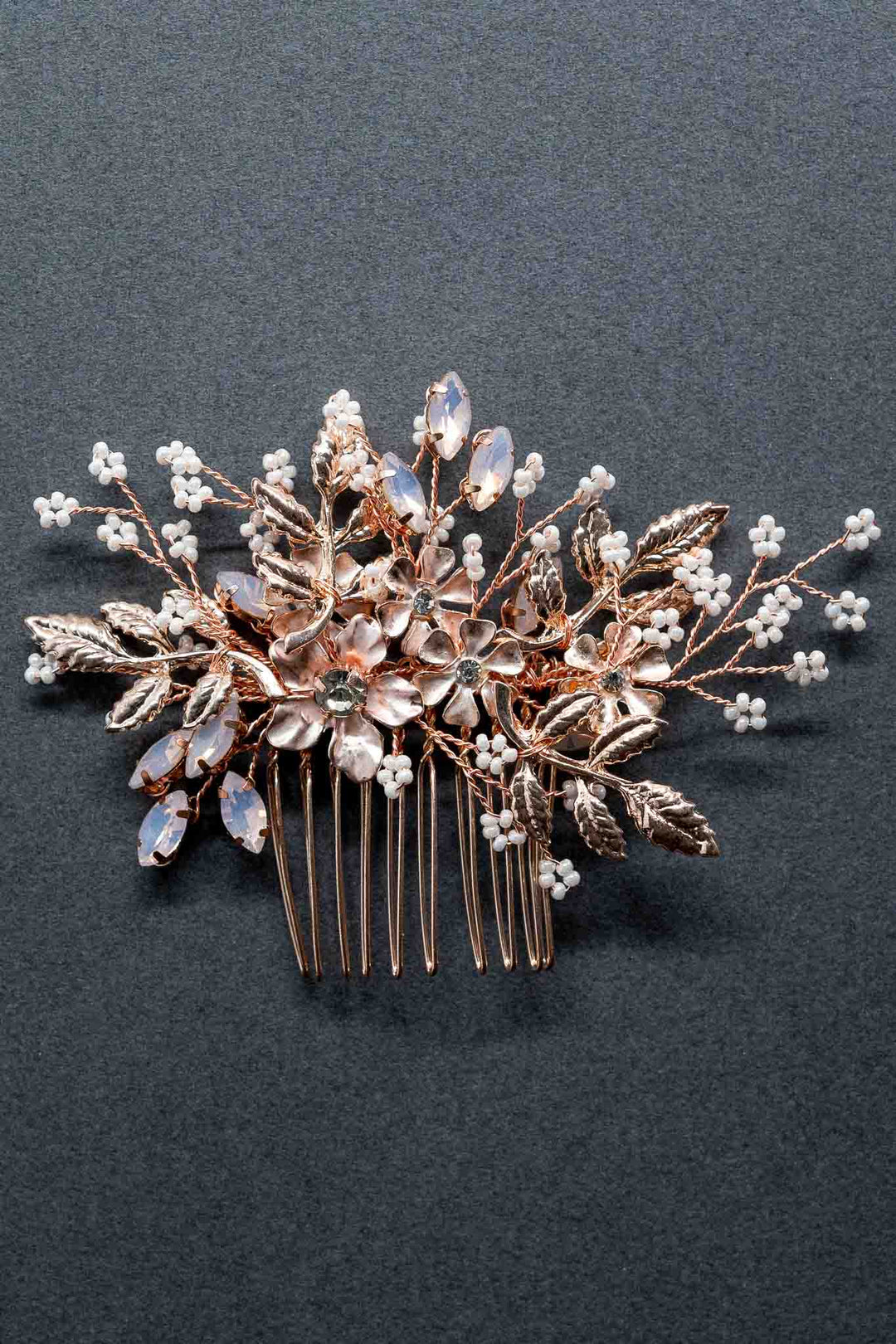 Primrose Hair Comb beads flowers gems Hair comb leaves multicolor rhinestones Rose gold