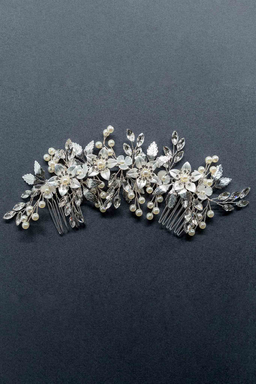 Wisteria Hair Comb flowers gems Hair comb leaves pearls rhinestones Silver Comb